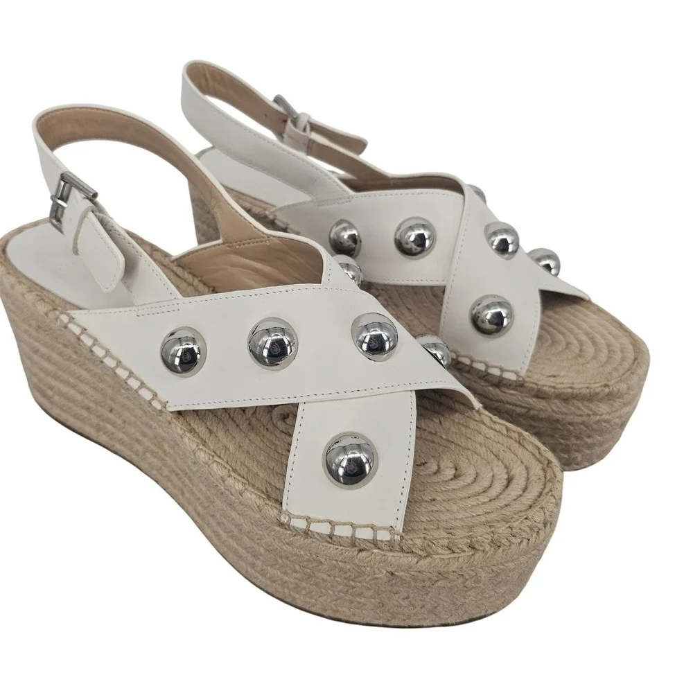Marc Fisher Mirella White Leather Studded Platform Espadrille Wedge Sandals 10M